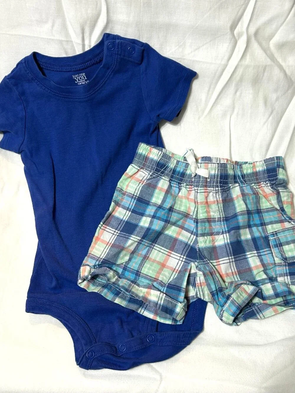 18 month Blue Bodysuit One-piece, Plaid Shorts